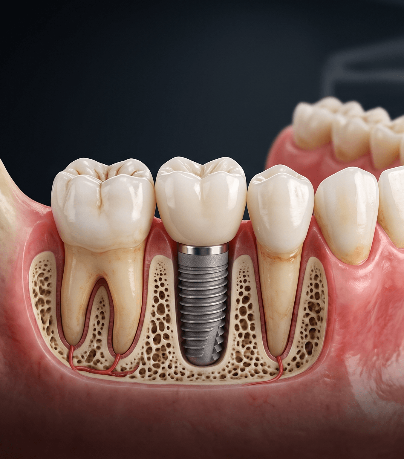 Sección transversal de mandíbula que compara un implante dental único de titanio y corona con un puente dental fijo de tres unidades sobre dientes pilares.