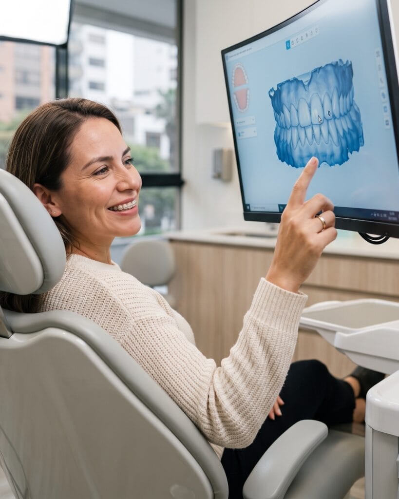 Odontólogo explicando modelos dentales a una paciente durante una consulta